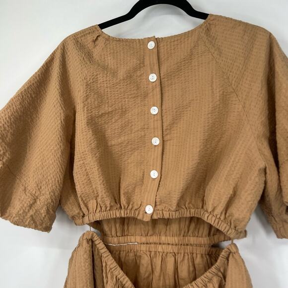 Madewell Seersucker Puff-Sleeve Cutout Mini Dress in Seed Khaki - Picture 6 of 8